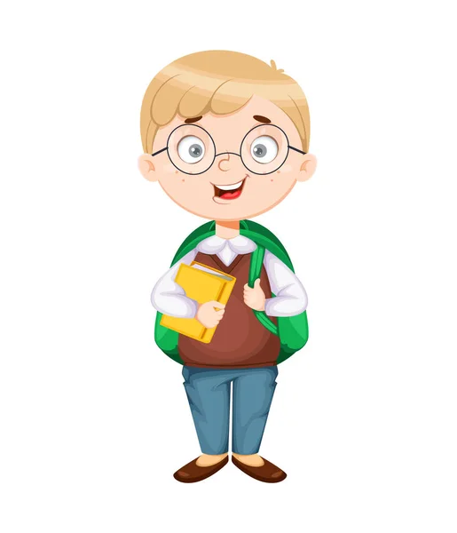 Vuelta Escuela Lindo Colegial Con Mochila Libro Chico Gracioso Personaje — Vector de stock