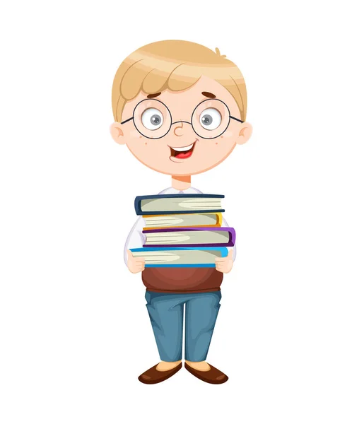 Back School Cute Schoolboy Holds Books Funny Boy Cartoon Character — Stock Vector