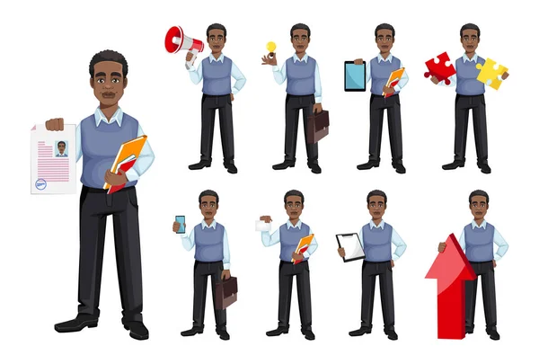 Hombre Negocios Afroamericano Conjunto Nueve Poses Alegre Guapo Personaje Dibujos — Vector de stock