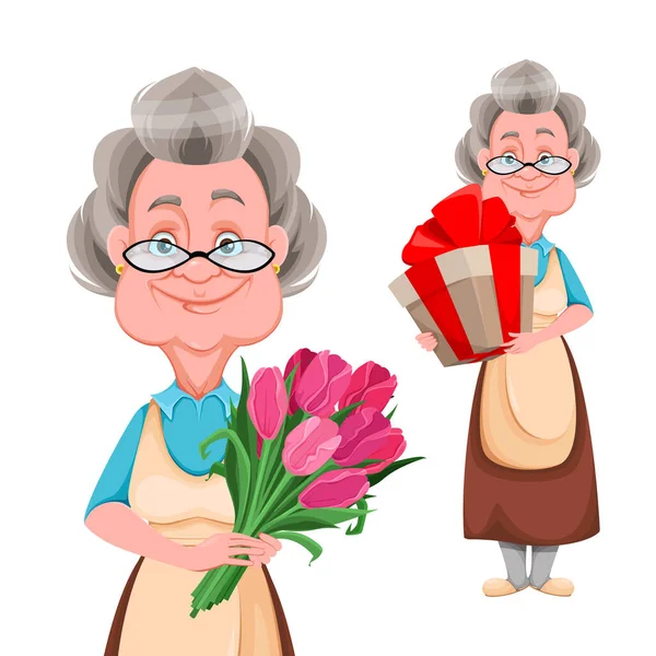 Happy Grandparents Day Set Two Poses Cute Smiling Old Woman — Stock Vector