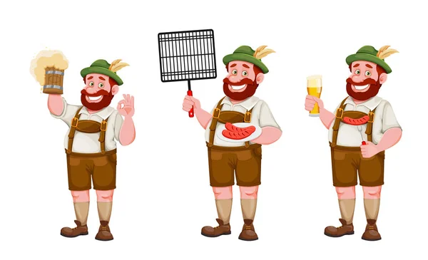 穿着巴伐利亚服装的男人 滑稽的卡通人物 有三个姿势 慕尼黑啤酒节Oktoberfest 白色背景的矢量说明 — 图库矢量图片