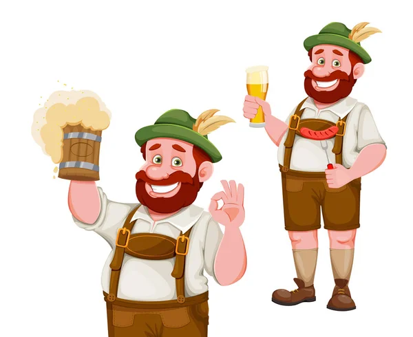 Man Bavarian Clothes Funny Cartoon Character Set Two Poses Munich — Stock Vector