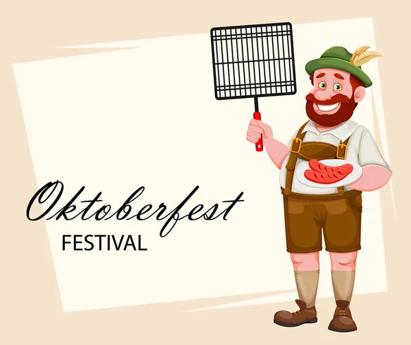 Oktoberfest Üdvözlőkártya Bajor Ruhás Férfi Grillezett Ráccsal Sült Kolbásszal Vicces — Stock Vector