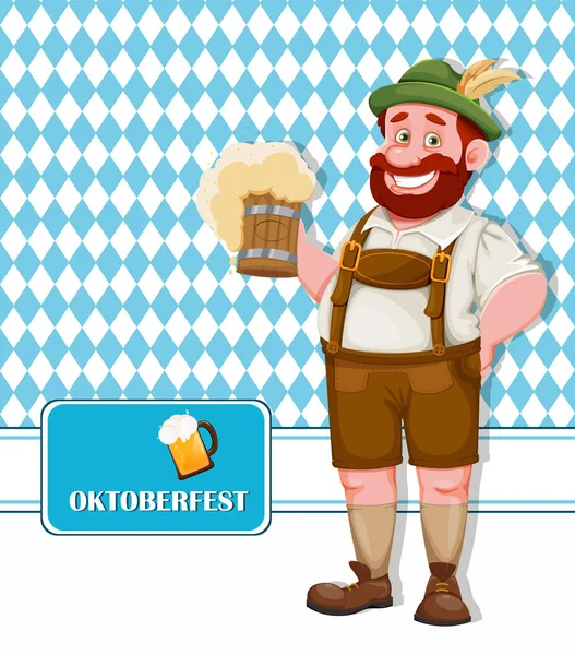 Oktoberfest Flyer Man Bavarian Clothes Holding Fresh Beer Funny Cartoon — Stock Vector