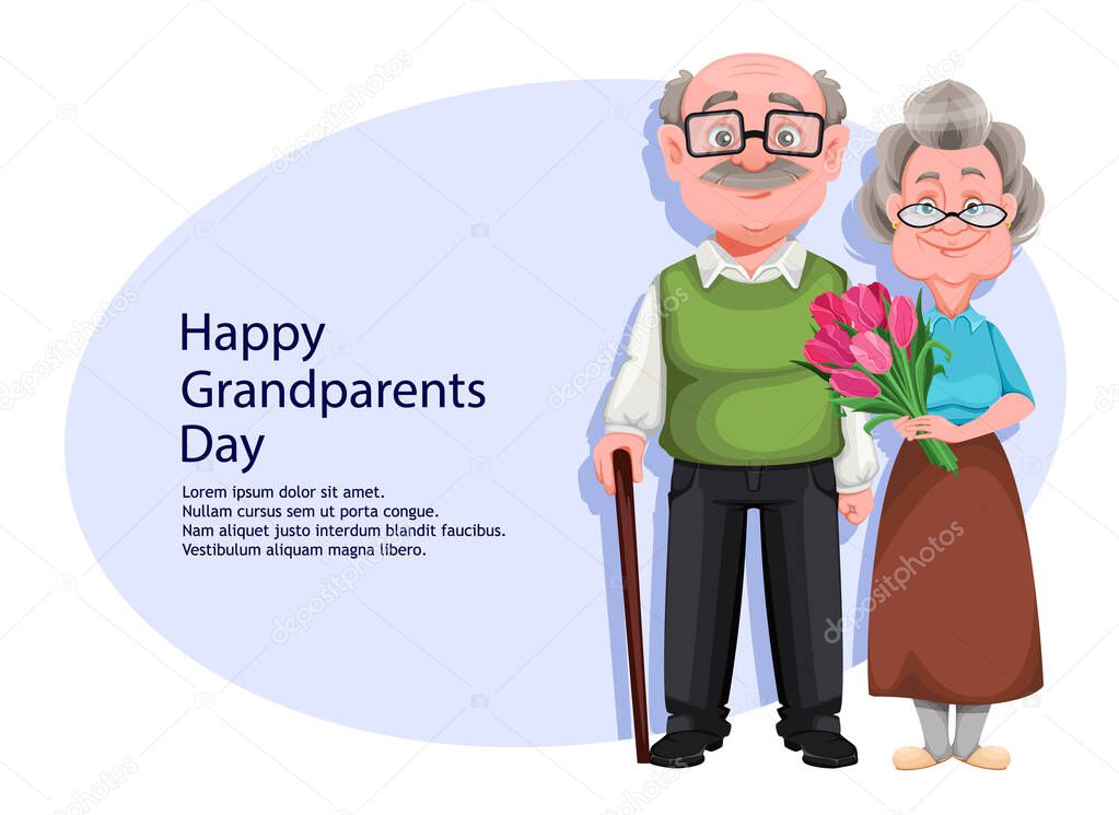 Happy Grandparents day greeting card. Cute smiling old woman and handsome aged man. Cheerful grandmother and grandfather cartoon characters. Vector illustration
