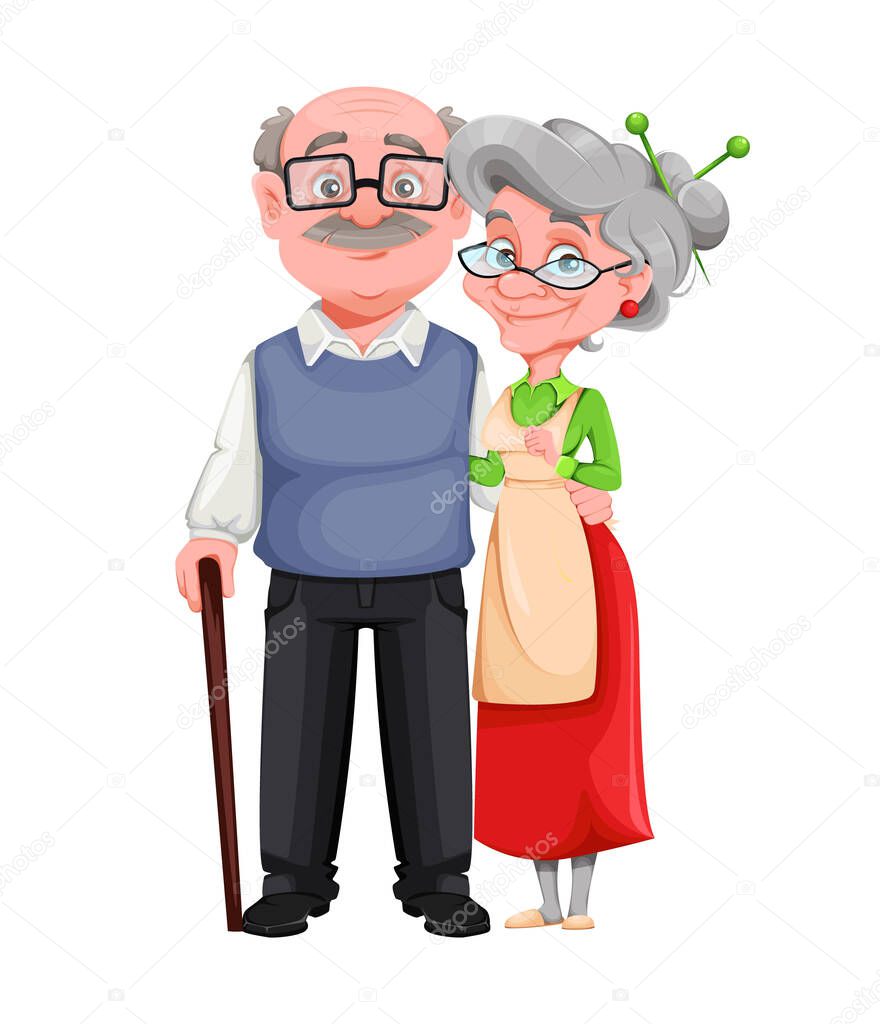 Happy Grandparents day. Cheerful grandmother and grandfather cartoon characters. Grandma and grandpa standing together. Vector illustration on white background