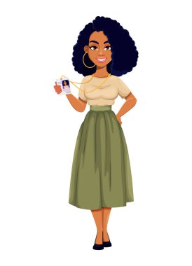 Güzel bir Afro-Amerikan iş kadını kimlik kartı tutuyor. Şirin Afro-Amerikalı iş kadını çizgi film karakteri. Beyaz arkaplanda vektör illüstrasyonu