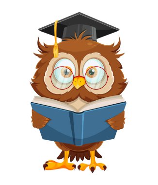 Sevimli bilge baykuş kitap okuyor. Komik baykuş çizgi film karakteri, okula dönüş konsepti. Beyaz arkaplanda vektör illüstrasyonu