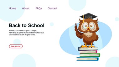 Kitapların üzerinde duran sevimli bilge baykuş. Komik baykuş çizgi film karakteri, okula dönüş konsepti. Vektör illüstrasyonu, web sitesi için kullanılabilir, iniş sayfası vs..