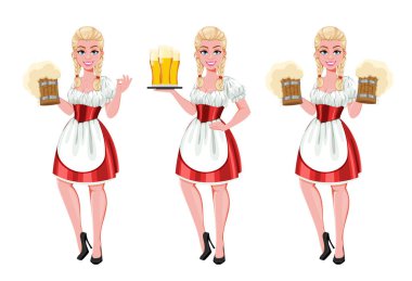 Geleneksel kostümlü Alman kız Oktoberfest 'te bira servisi yapıyor, üç pozlu. Güzel kadın çizgi film karakteri. Vektör illüstrasyonu