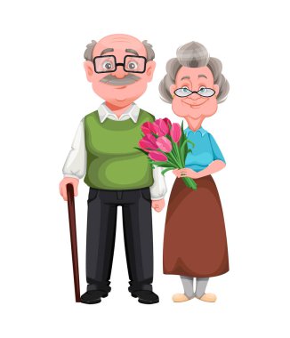 Büyükanne ve büyükbaba günün kutlu olsun. Şirin gülümseyen yaşlı kadın ve yakışıklı yaşlı adam. Neşeli büyükanne ve büyükbaba çizgi film karakterleri. Vektör illüstrasyonu
