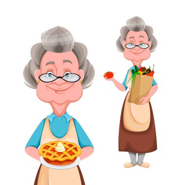 Mutlu büyükanne ve büyükanne günleri, iki poz. Şirin gülümseyen yaşlı kadın. Neşeli büyükanne çizgi film karakteri elinde turta ve sebzeli bir çanta tutuyor. Vektör illüstrasyonu