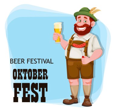 Oktoberfest broşürü. Elinde taze bira ve kızarmış sosis tutan Bavyeralı bir adam, komik çizgi film karakteri. Münih bira festivali Ekim Festivali. Vektör illüstrasyonu
