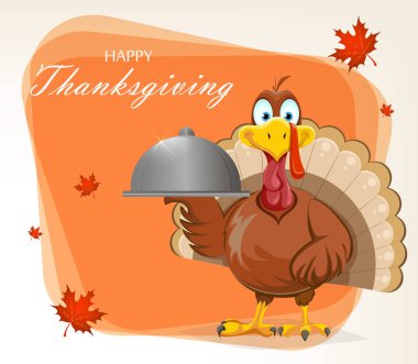 Şükran Günü tebrik kartın kutlu olsun. Şükran Günü hindisi lokantada saat tutuyor. Vektör illüstrasyonu