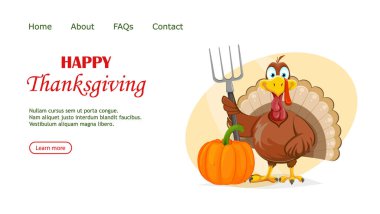 Şükran Günü tebrik kartın kutlu olsun. Komik Şükran Günü hindisi, elinde yabayla balkabağının yanında duruyor. Vektör illüstrasyonu