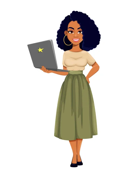 漂亮的非裔美国女商人拿着笔记本电脑 可爱的非洲裔美国女商人卡通人物 白色背景的矢量说明 — 图库矢量图片