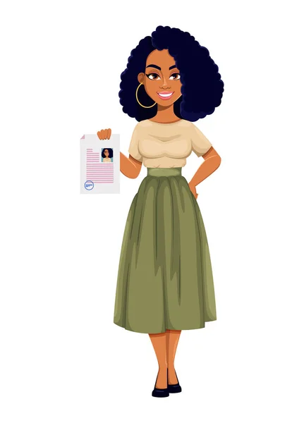 Schöne Afroamerikanische Geschäftsfrau Mit Lebenslauf Nette Afroamerikanische Geschäftsfrau Zeichentrickfigur Vektorabbildung — Stockvektor