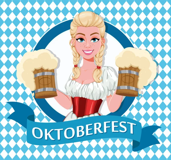 Oktoberfest Greeting Card German Girl Traditional Costume Oktoberfest Beautiful Lady — Stock Vector