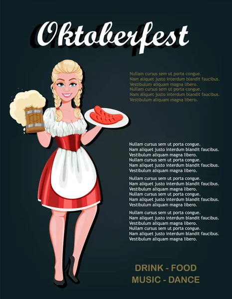 オクトーバーフェストのチラシ オクトーバーフェストの伝統衣装のドイツの女の子 美しい女性漫画のキャラクター 暗い背景のベクトルイラスト — ストックベクタ