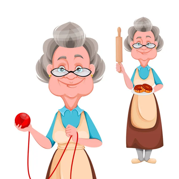 幸せな祖父母の日 2つのポーズのセット かわいい笑顔のおばあさん 陽気な祖母の漫画のキャラクター ベクターイラスト — ストックベクタ
