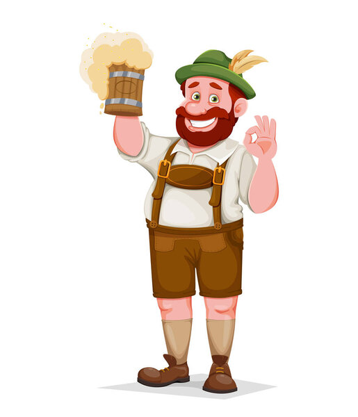 Man in Bavarian clothes, funny cartoon character. Munich beer festival Oktoberfest. Vector illustration