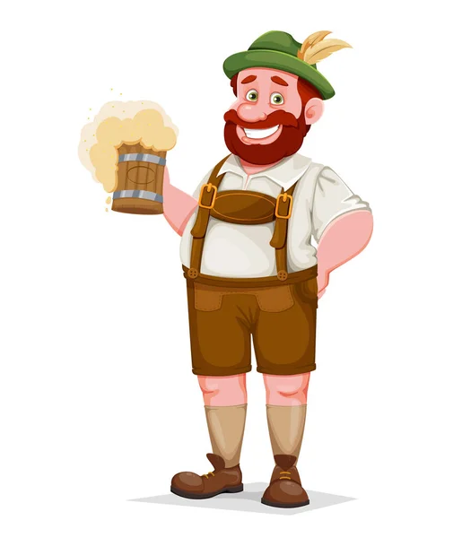 Hombre Con Ropa Bávara Sosteniendo Cerveza Personaje Divertido Dibujos Animados — Vector de stock