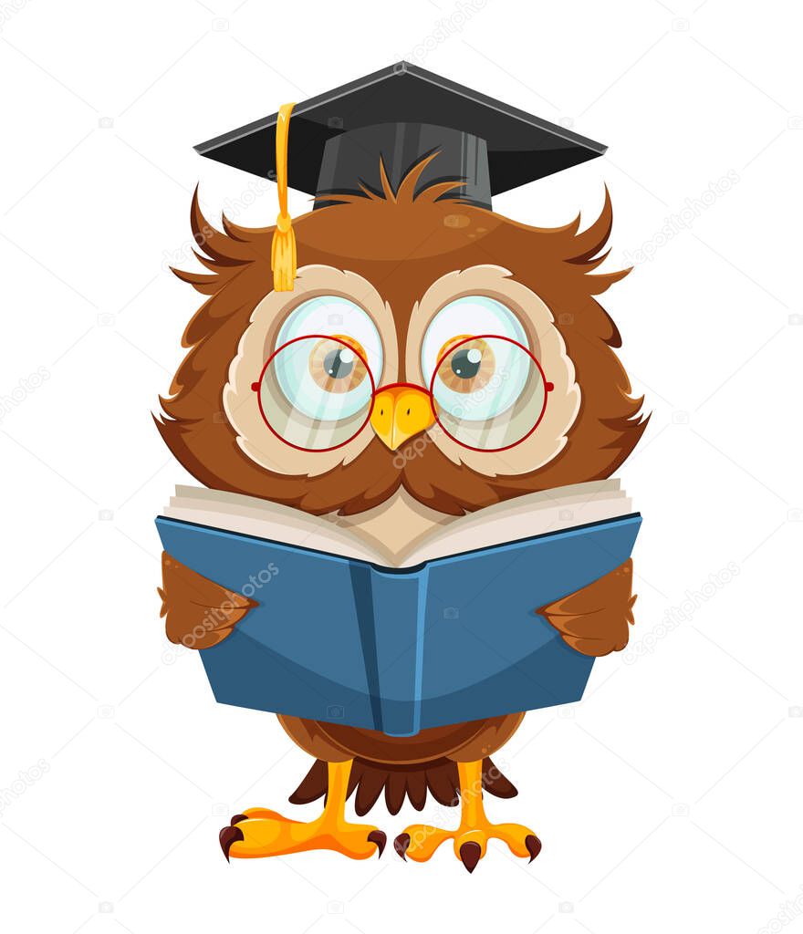 Cute wise owl reading book. Funny owl cartoon character, back to school concept. Vector illustration on white background