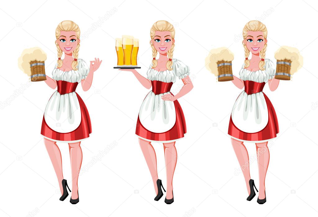 German girl in traditional costume on Oktoberfest serving beer, set of three poses. Beautiful lady cartoon character. Vector illustration