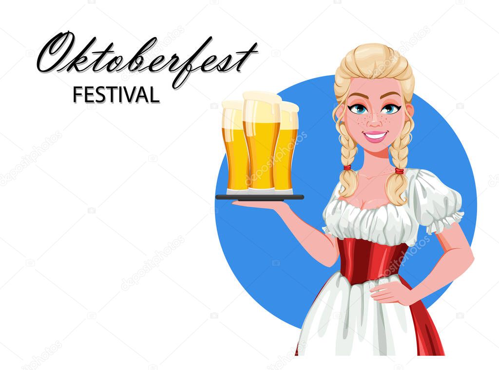 Oktoberfest greeting card. German girl in traditional costume on Oktoberfest. Beautiful lady cartoon character. Vector illustration