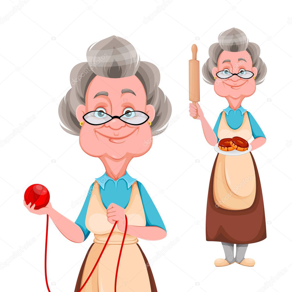Happy Grandparents day, set of two poses. Cute smiling old woman. Cheerful grandmother cartoon character. Vector illustration