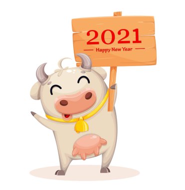 Sevimli inek çizgi film karakteri, afişlerle dolu bir pankart tutuyor. Çin Yeni Yılı. Boğa 2021 yılı. Vektör illüstrasyonu