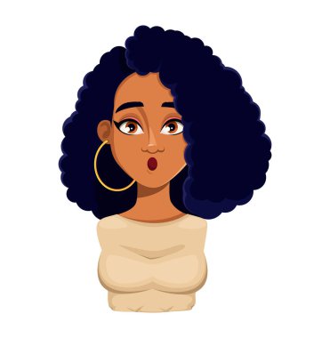 Afro-Amerikan güzel bir kadının yüz ifadesi, şaşırmış. Kadınsal duygular. Tatlı kadın çizgi film karakteri. Beyaz arkaplanda vektör illüstrasyonu.