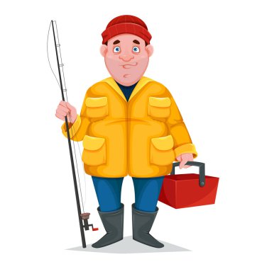Balıkçı, komik çizgi film karakteri. Vektör illüstrasyonu beyaz arkaplanda izole edildi