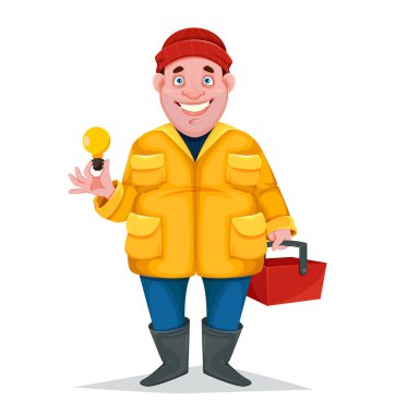 Neşeli balıkçının iyi bir fikri, komik bir çizgi film karakteri var. Vektör illüstrasyonu beyaz arkaplanda izole edildi