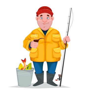 Neşeli balıkçı piposu tüttürüyor ve balık yakalıyor, komik çizgi film karakteri. Vektör illüstrasyonu beyaz arkaplanda izole edildi