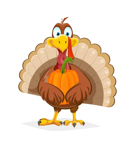 Happy Thanksgiving Day Funny Thanksgiving Turkey Bird Holding Pumpkin Vector — Stock Vector