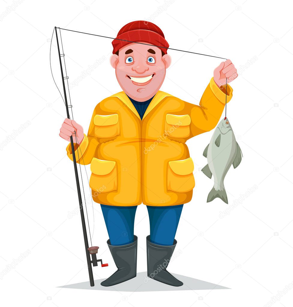 Cheerful fisherman with caught fish, funny cartoon character. Vector illustration isolated on white background