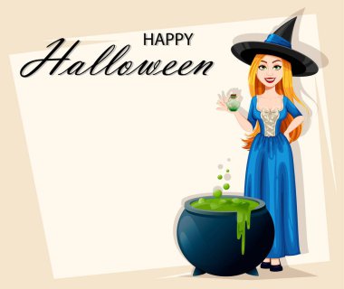 Mutlu Cadılar Bayramı tebrik kartları. Güzel cadı çizgi film karakteri iksir hazırlıyor. Vektör illüstrasyonu