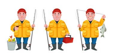 Balıkçı, komik çizgi film karakteri, üç poz. Vektör illüstrasyonu beyaz arkaplanda izole edildi