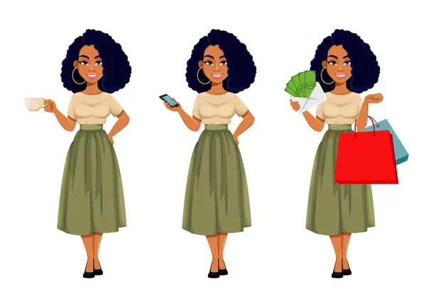 Attraktive Afroamerikanische Geschäftsfrau Die Sich Erholt Drei Posen Nette Afroamerikanische — Stockvektor