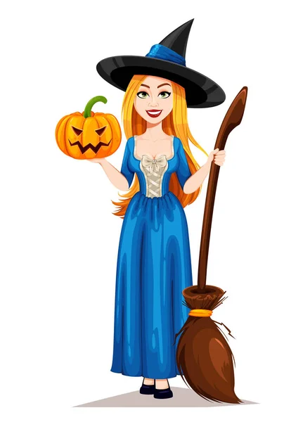 Glad Halloween Vacker Häxa Tecknad Karaktär Hålla Kvast Och Pumpa — Stock vektor