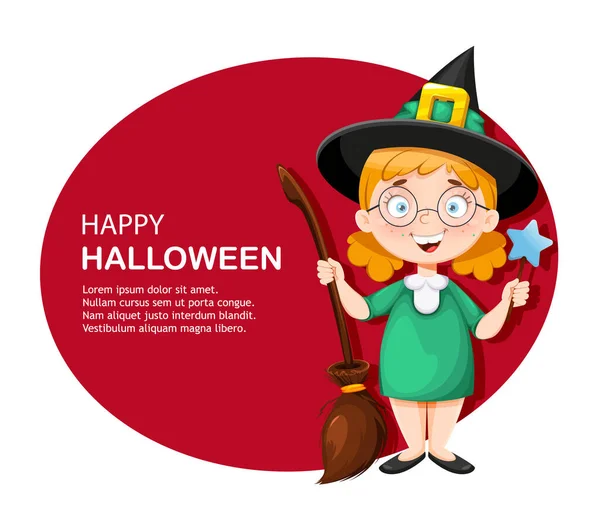 Joyeux Halloween Carte Voeux Petite Sorcière Souriante Personnage Dessin Animé — Image vectorielle