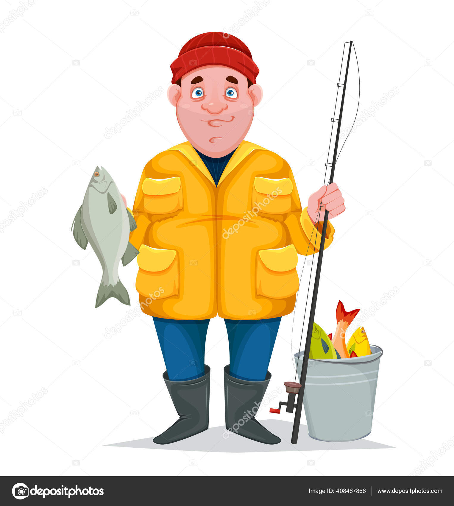 Fisherman Caught Fish Funny Cartoon Character Vector Illustration Isolated  White Stock Vector by ©VectorKIF 408467866