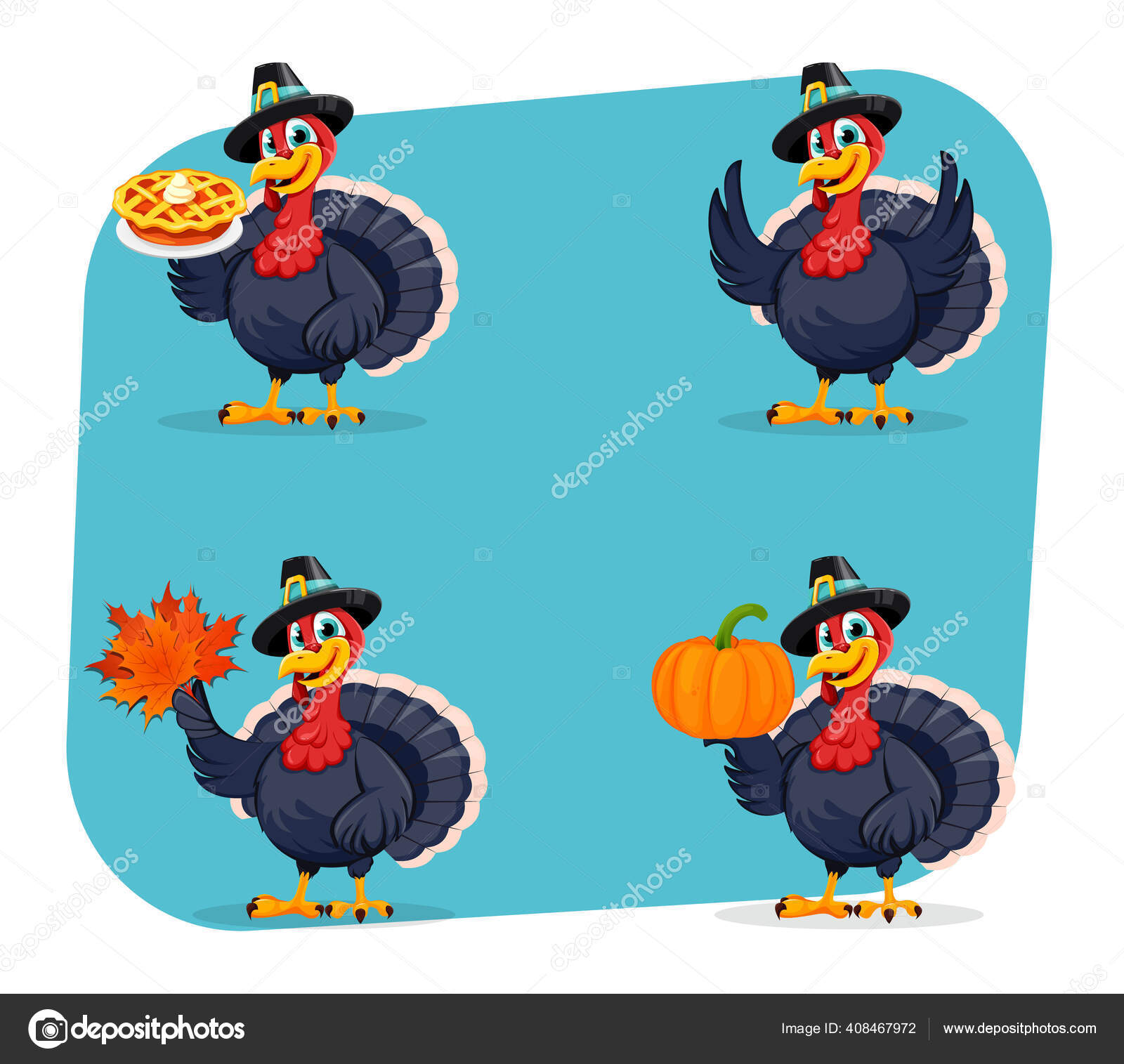 Happy Thanksgiving Day Funny Thanksgiving Turkey Bird Cartoon Character Set  Stock Vector Image by ©VectorKIF #408467972
