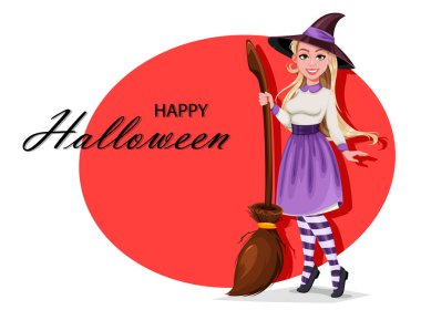 Mutlu Cadılar Bayramı tebrik kartları. Süpürge sopası tutan güzel bir cadı çizgi film karakteri. Vektör illüstrasyonu