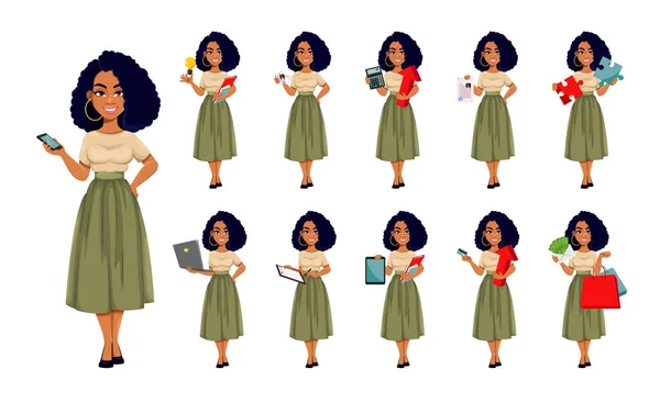 Güzel bir Afro-Amerikan iş kadını, 11 pozu var. Şirin Afro-Amerikalı iş kadını çizgi film karakteri. Vektör illüstrasyonu