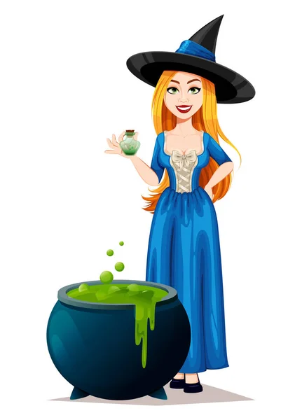 Happy Halloween Beautiful Witch Cartoon Character Preparing Potion Vector Illustration — Stock Vector