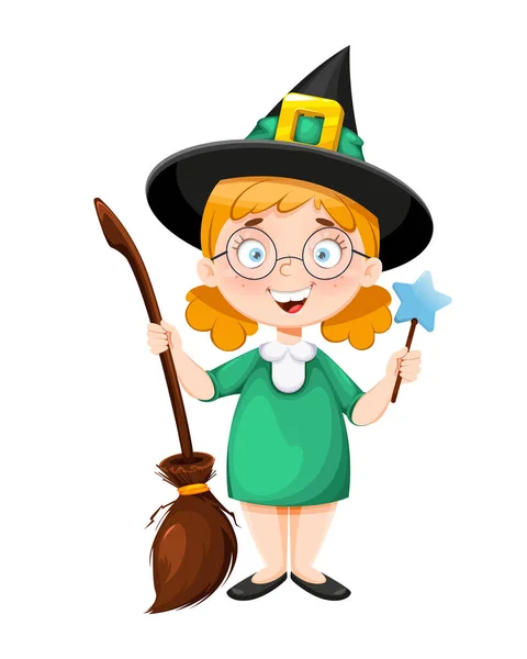 万圣节快乐小笑脸的女巫卡通人物拿着魔杖和扫帚 白色背景的矢量说明 — 图库矢量图片