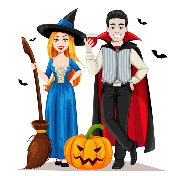 Fijne Halloween Vrolijke Vampier Mooie Heksenstripfiguren Vector Illustratie Witte Achtergrond — Stockvector