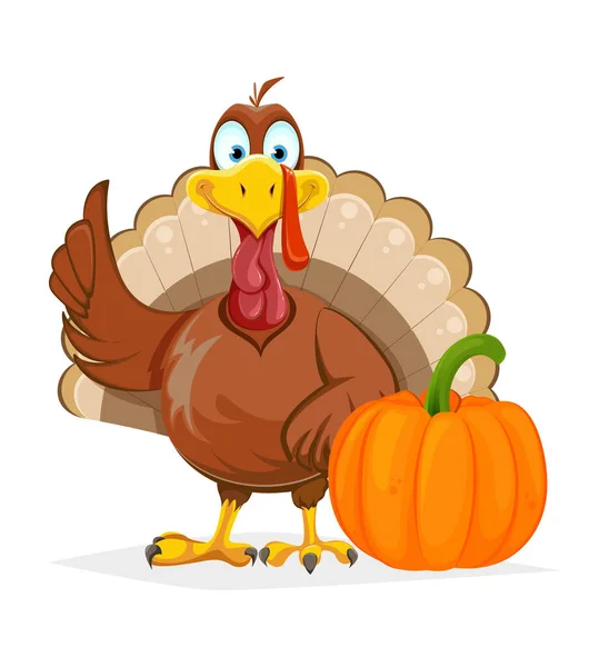 Happy Thanksgiving Day Funny Thanksgiving Turkey Bird Standing Close Pumpkin — Stock Vector